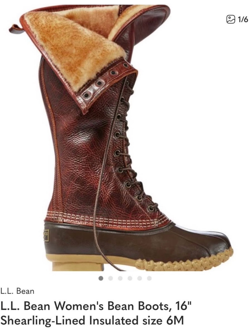 L.L. Bean Women's 16" Lace-Up Bean Boots in Dark Brown with Tan Shearling